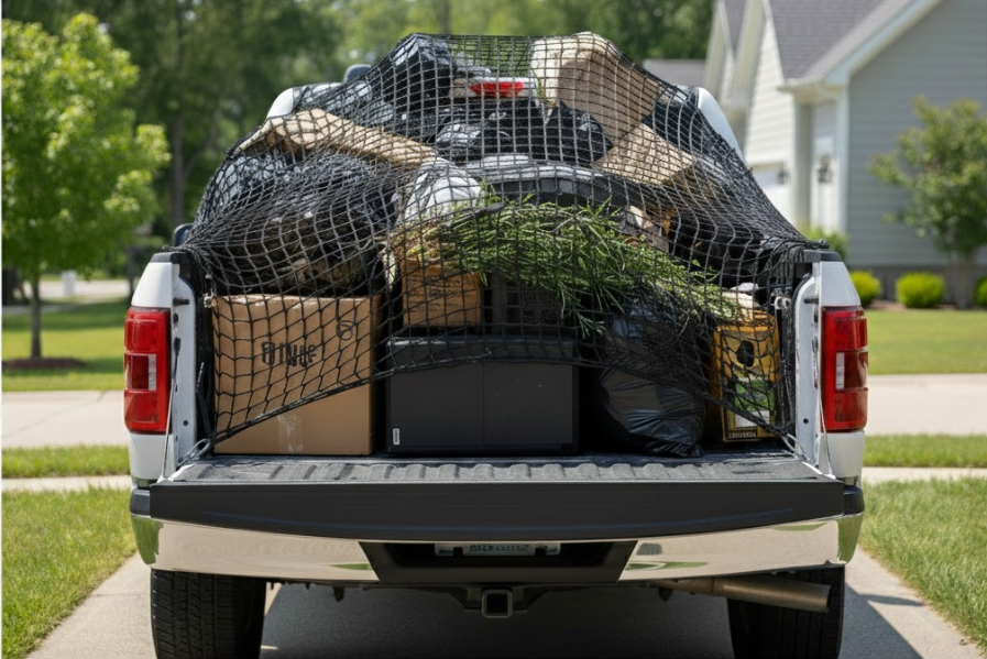 Pickup truck loaded with secured trash and debris
